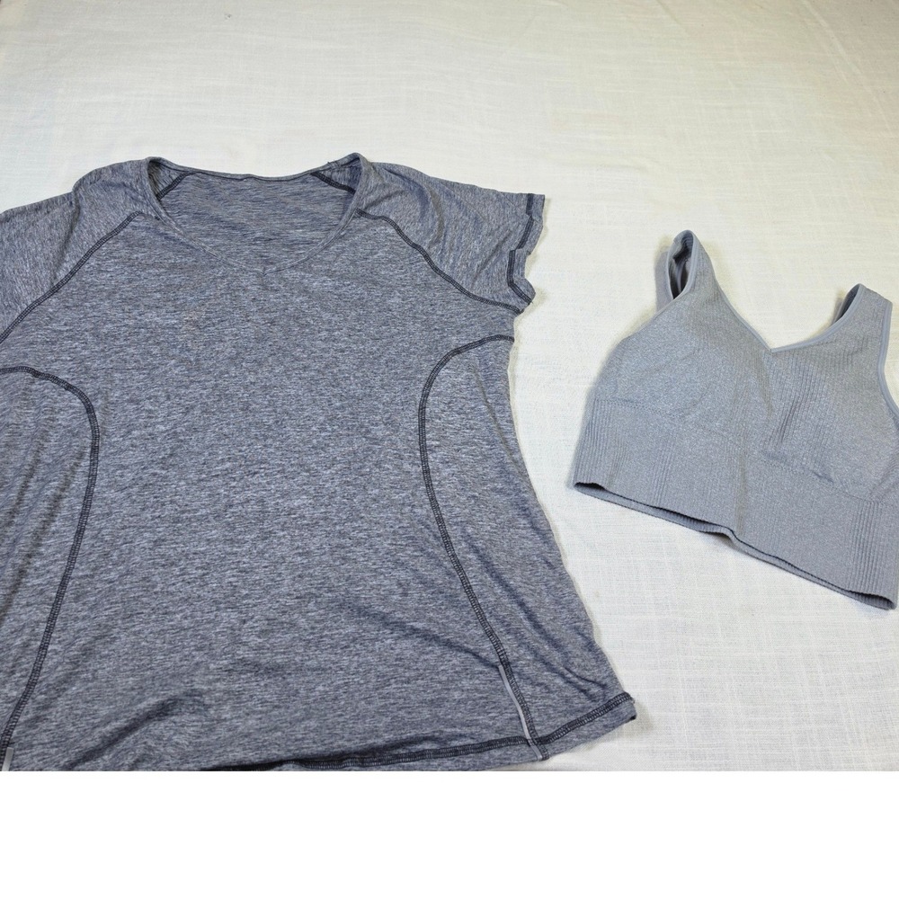 Pro-Fit Seamless Sports Bra and V-Logo Activewear Shirt Set Heather Gray XL